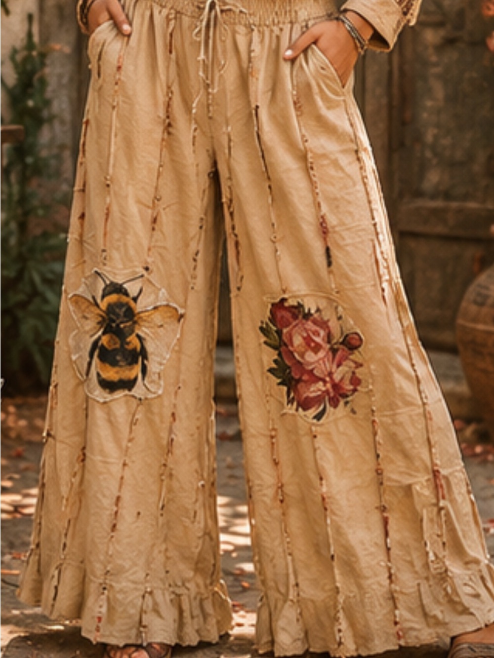 A Rare Bird Bumble Bee Rose Pants. Gorgeous wearable art. 
One Size